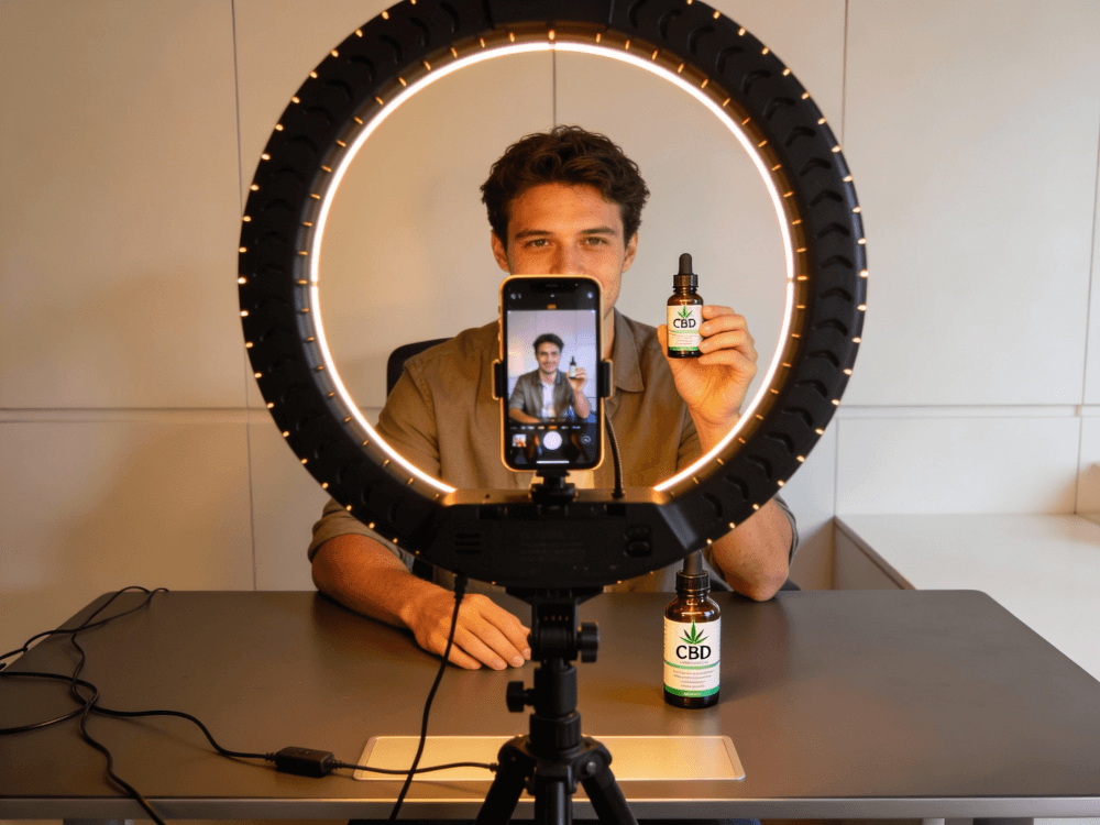 behind the scenes filming of a video review for a CBD product