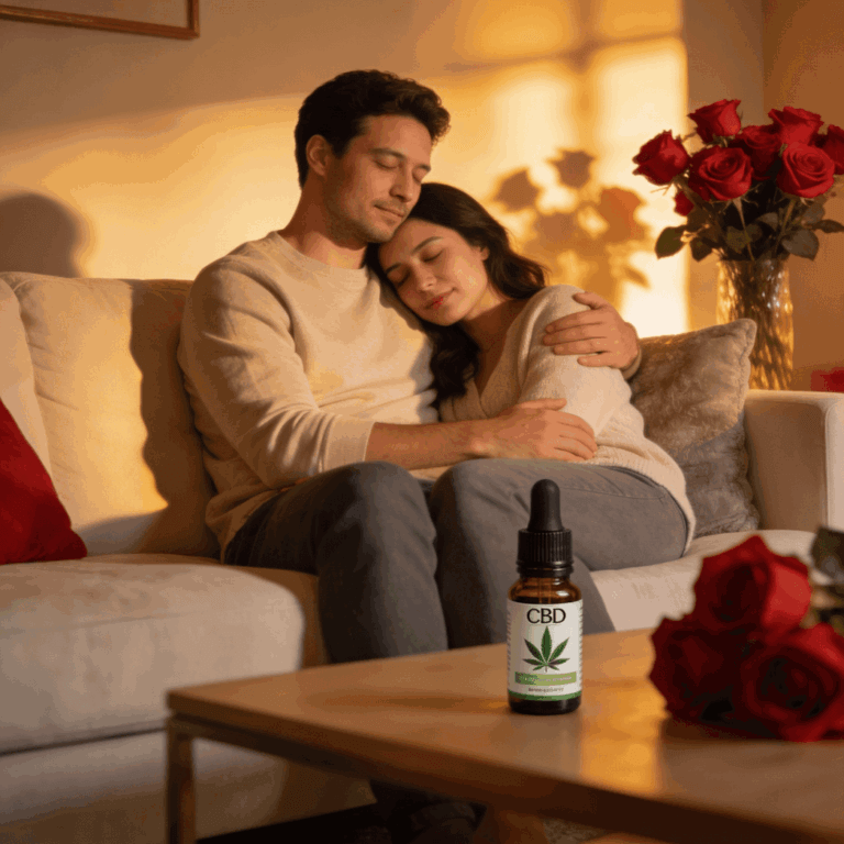 Relaxed couple enjoying peaceful moment together with CBD