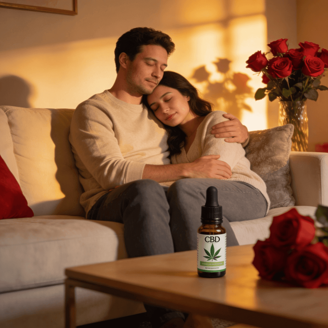 Relaxed couple enjoying peaceful moment together with CBD