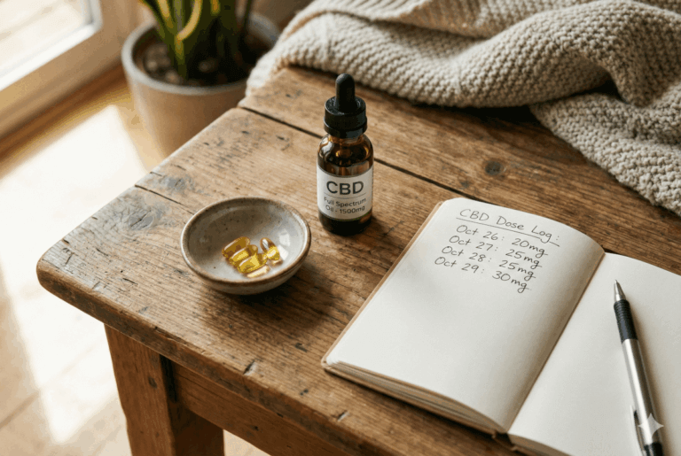 Notebook tracking CBD dosage next to CBD oil and capsules on a wooden table.