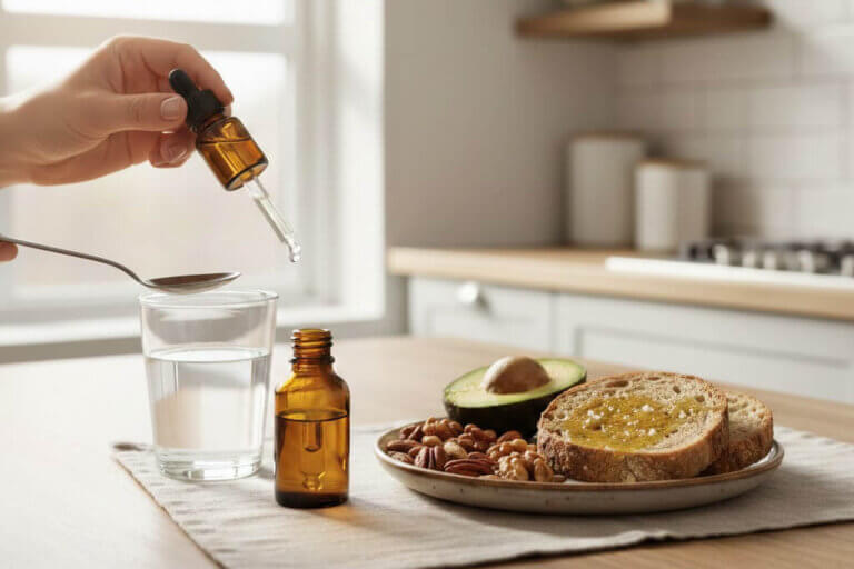 bioavailability considerations for greater absorption. Pictured is a breakfast of avacado toast and CBD oil in a tincture.