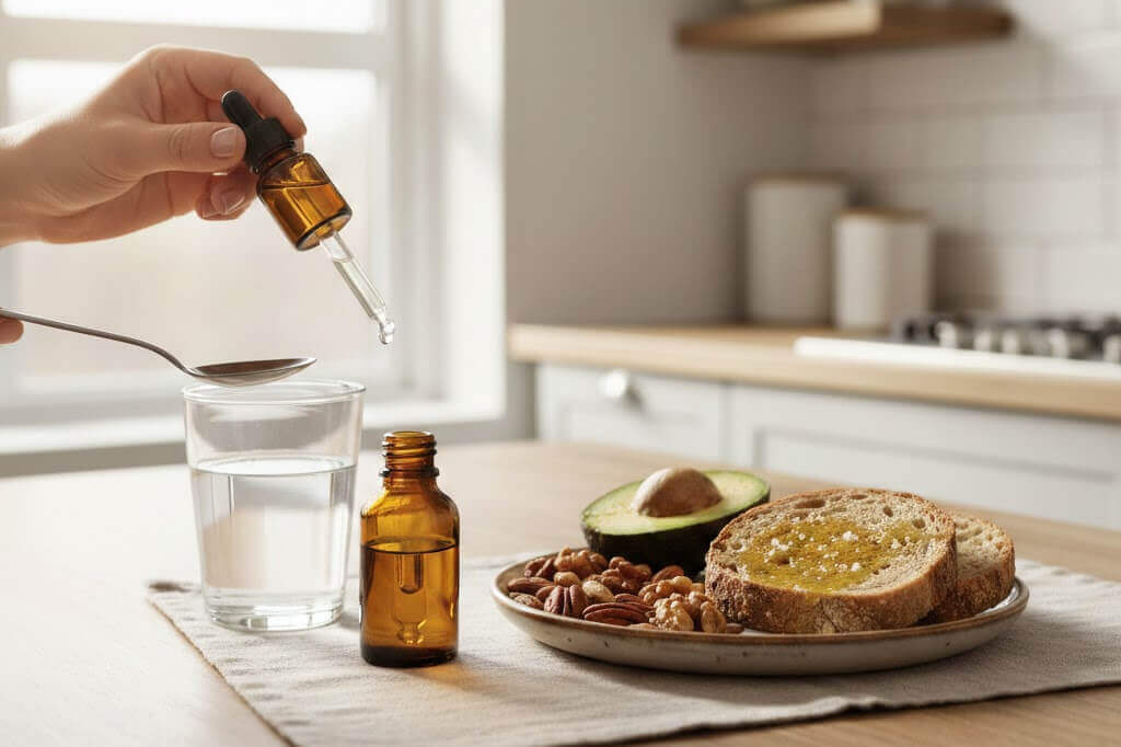 bioavailability considerations for greater absorption. Pictured is a breakfast of avacado toast and CBD oil in a tincture.