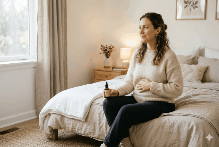 Woman with endometriosis‑related pelvic discomfort holding a CBD oil