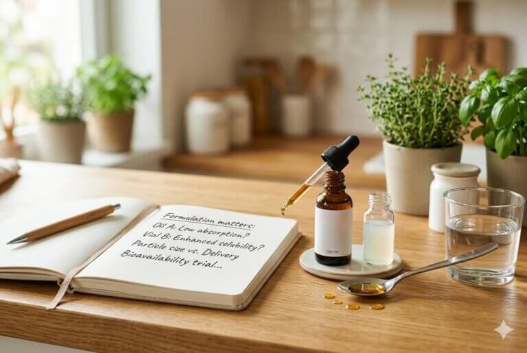 Photorealistic 3:2 image of unbranded CBD-style oil droppers, water, and wellness items on a bright countertop, illustrating how product formulation may affect CBD absorption.