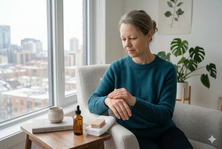 Person gently rubbing hands at home with CBD oil bottle nearby, representing CBD research for chemotherapy-induced peripheral neuropathy relief.