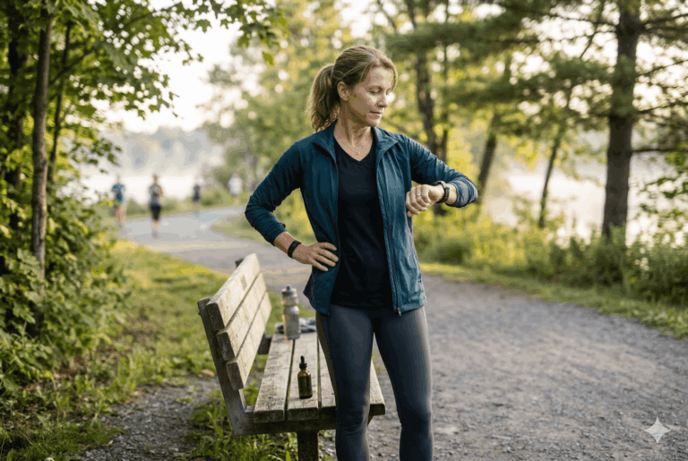 Person checking fitness tracker in park setting with CBD oil bottle nearby, representing cardiovascular health focus.