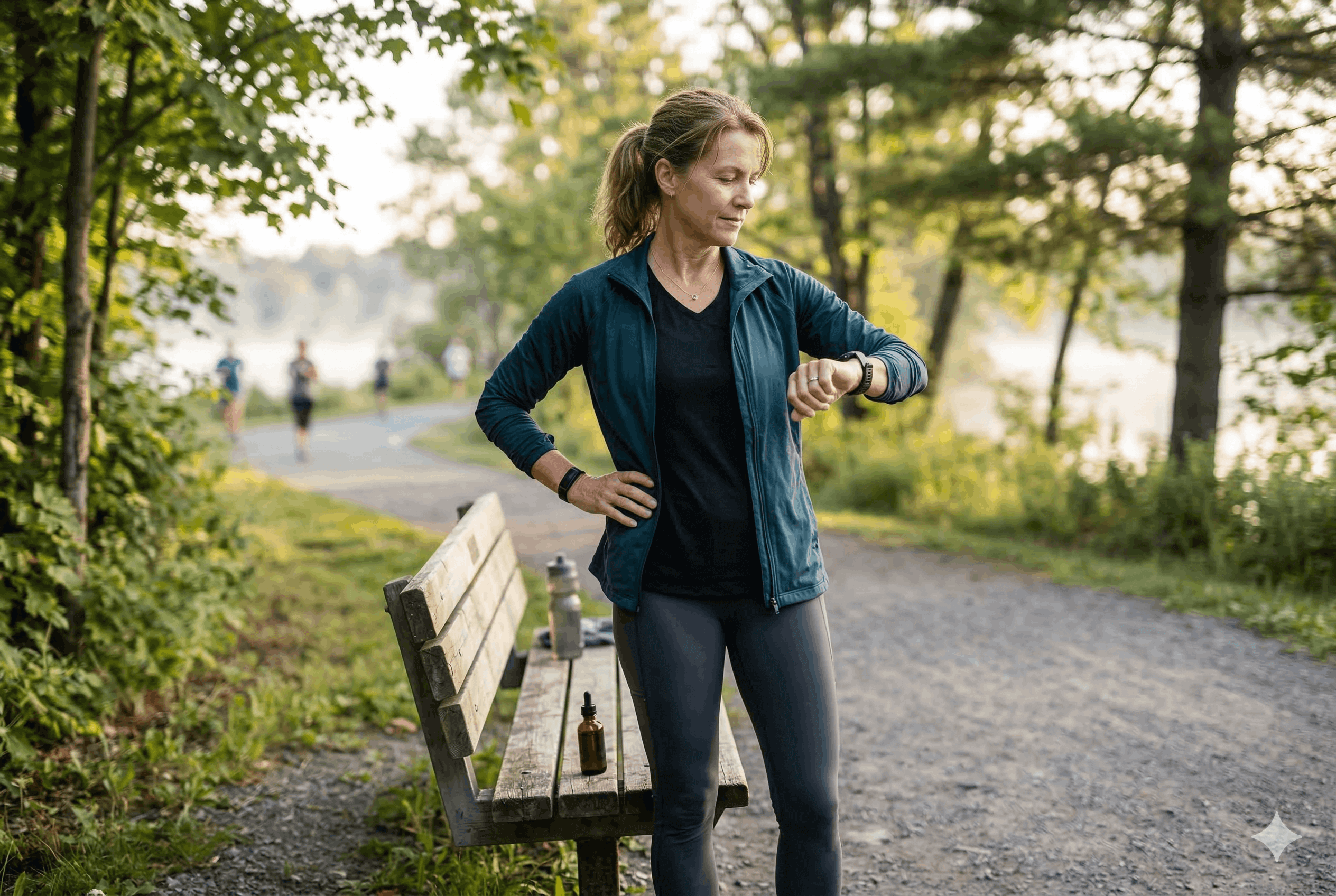 Person checking fitness tracker in park setting with CBD oil bottle nearby, representing cardiovascular health focus.