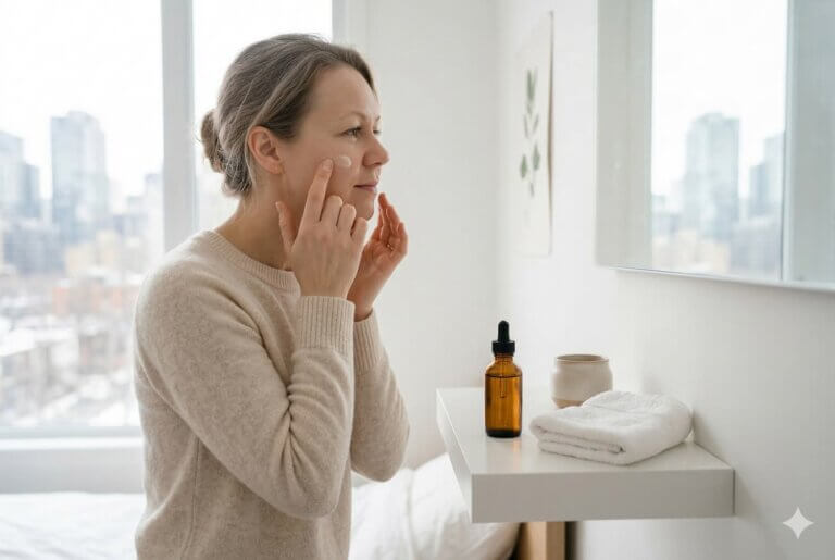 Woman applying CBD skincare product near urban apartment window, representing CBD nanoemulsion for pollution-related skin protection.