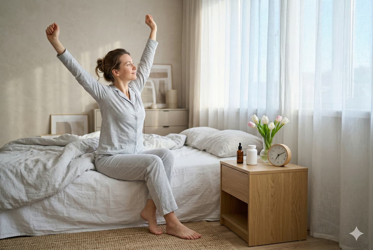 modern bedroom at early morning. Soft natural light filters through sheer white curtains, with a gentle, spring‑like feel (subtle pastel tones