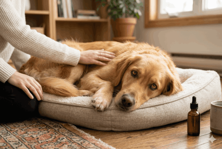 Golden retriever resting comfortably on dog bed with owner's hand on its back, representing CBD for canine osteoarthritis pain relief.