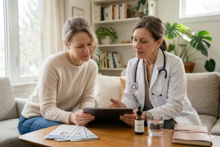 Parent sitting with child on sofa with unbranded medication bottle nearby, representing FDA-approved CBD treatment for drug-resistant childhood epilepsy.