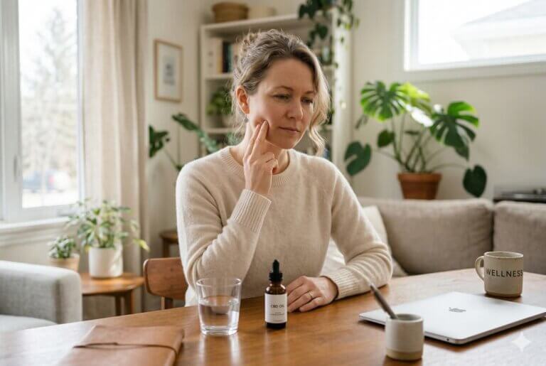 Woman pressing fingers to jaw in discomfort with CBD oil bottle on desk, representing CBD research for myofascial temporomandibular pain.