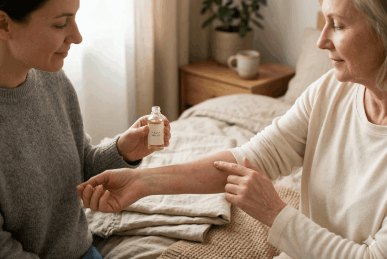 Person with mild psoriasis applying a soothing CBD oil to red, irritated skin.