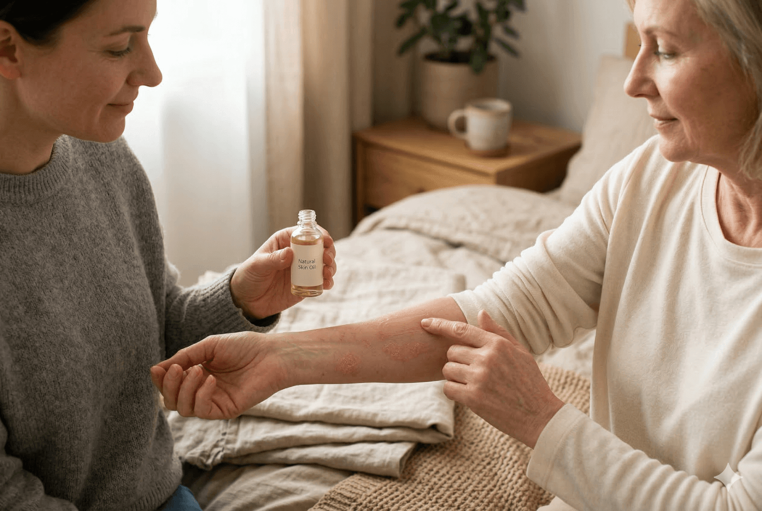 Person with mild psoriasis applying a soothing CBD oil to red, irritated skin.