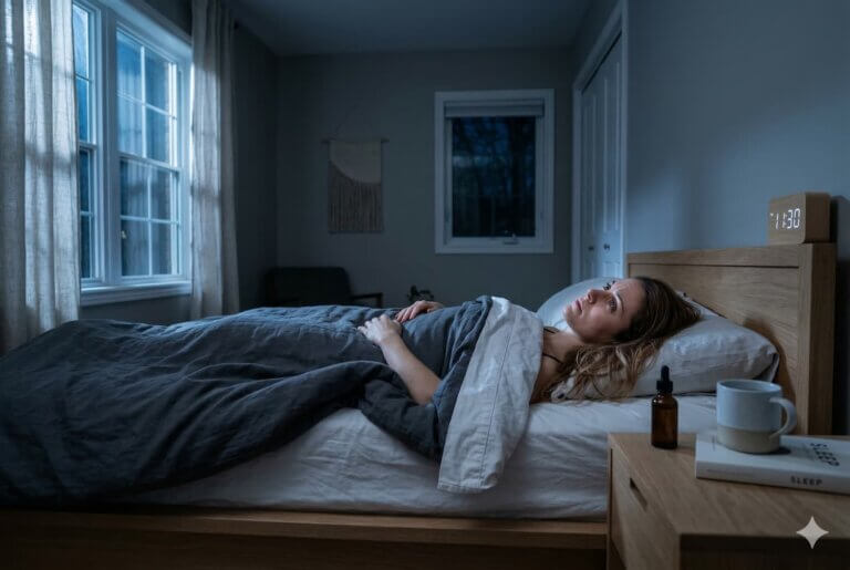Person lying awake at night with racing thoughts, CBD oil bottle on nightstand.