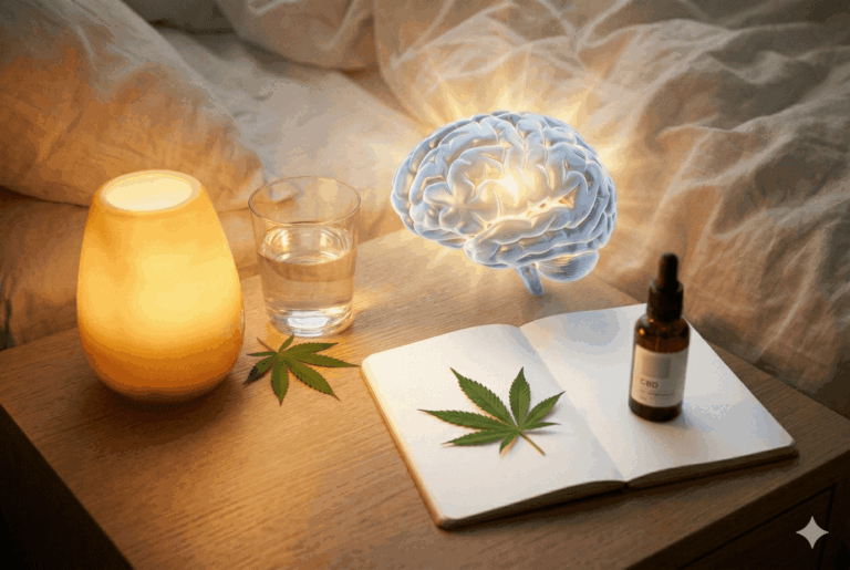 Glowing translucent human brain rendered in blue and gold light suggesting neurological healing, with a CBD oil bottle and hemp leaf in the foreground