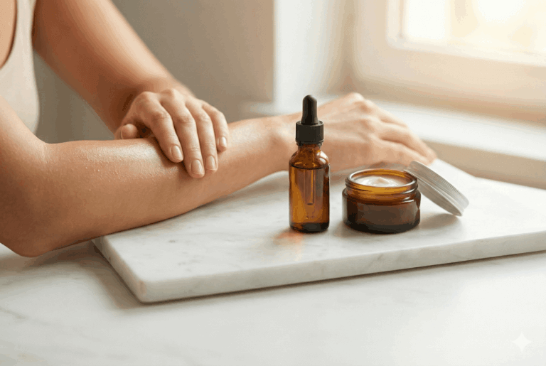 Woman’s healthy forearm resting beside a bottle of CBD oil and a jar of CBD topical cream on a white marble surface