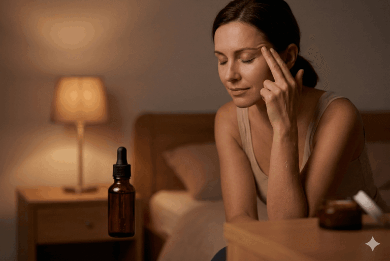 Woman with fingers pressed to her temple suggesting migraine relief, with a CBD oil bottle on the table beside her