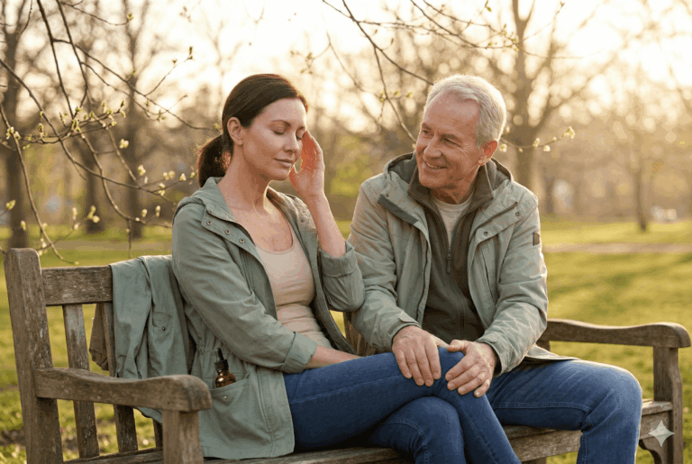 Active older couple sitting on a park bench in spring sunlight, with a CBD oil bottle visible in a jacket pocket