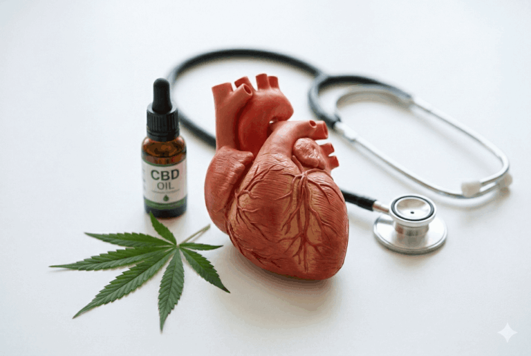 Anatomical heart model on a white surface beside a CBD oil bottle, hemp leaf, and stethoscope in soft natural light
