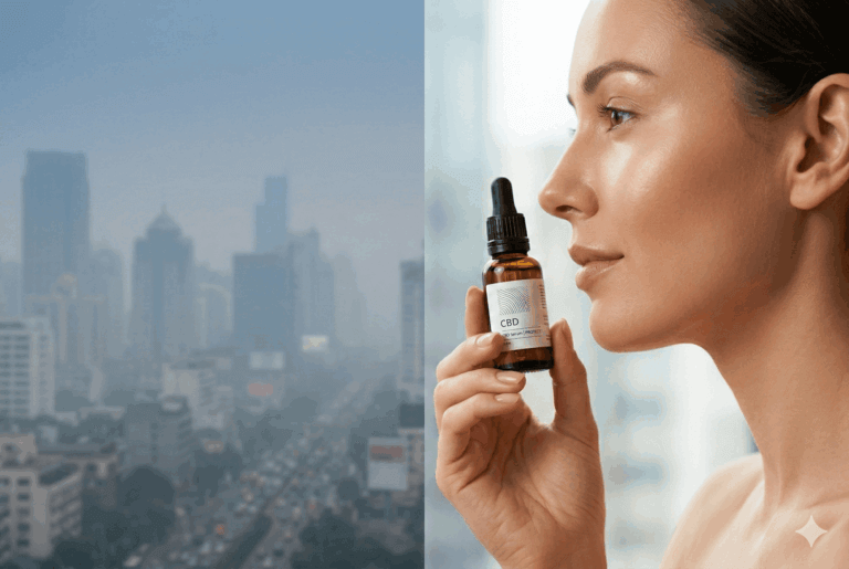 Woman with glowing healthy skin holding a CBD serum bottle, contrasted against a hazy urban pollution background