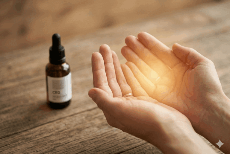 Two open hands cradling warm golden light with a CBD oil bottle visible in the background, symbolizing recovery and healing