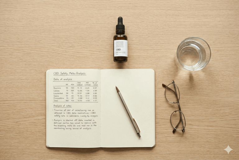 Flat-lay of a CBD oil bottle, open notebook, glass of water, and reading glasses on a wooden surface in natural light