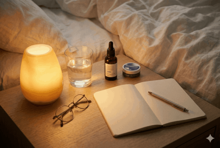 CBD oil bottle and melatonin container on a warmly lit nightstand beside a glass of water and cozy white bedding