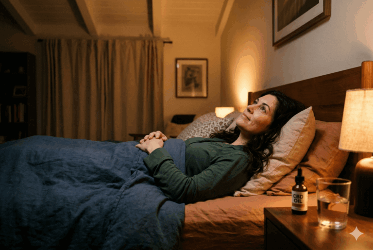 Woman lying awake in a cozy, warmly lit bedroom with a bottle of CBD oil on her nightstand