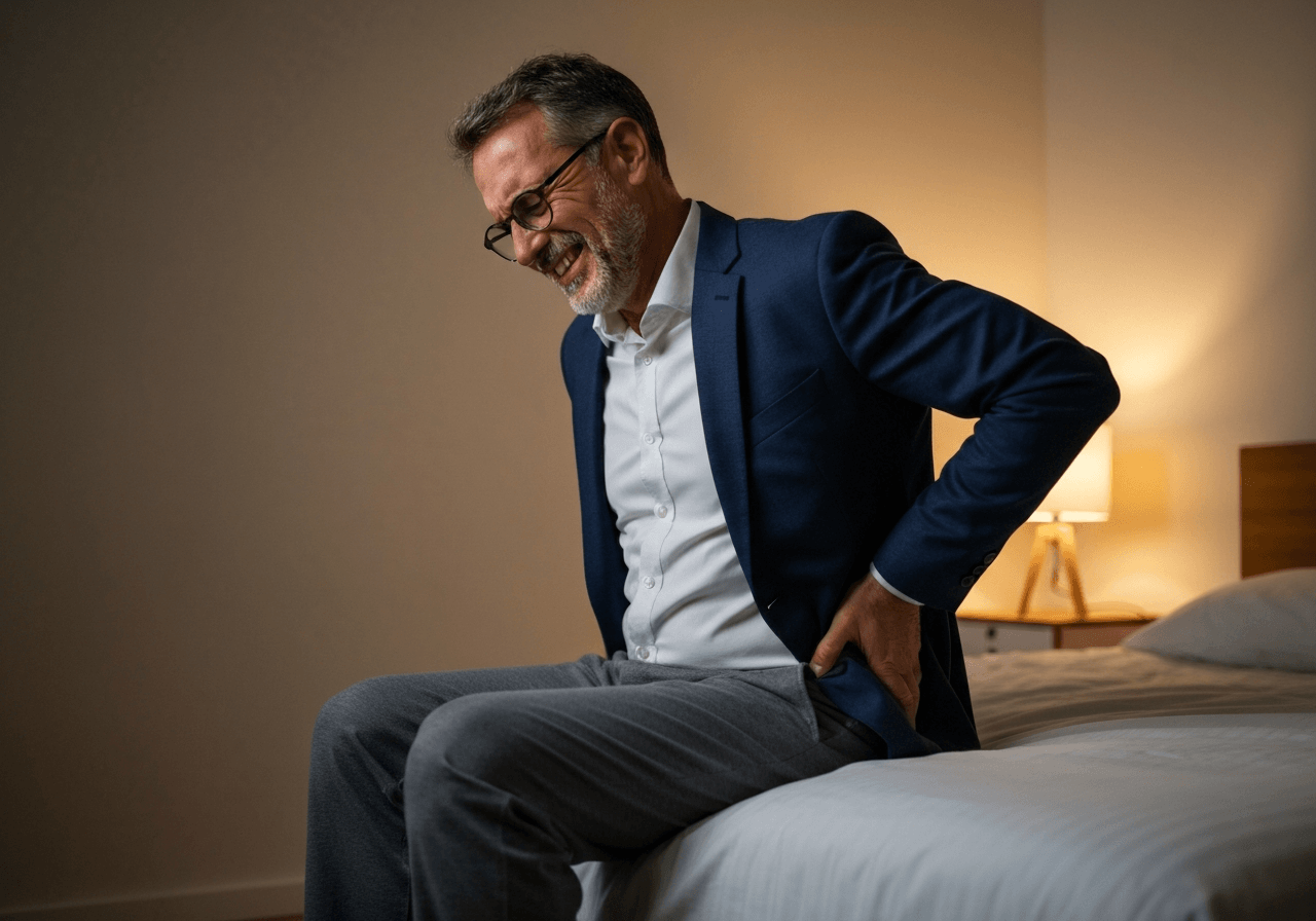 Person sitting on the edge of a bed at night, hunched forward in visible back pain with one hand pressed to their lower back.