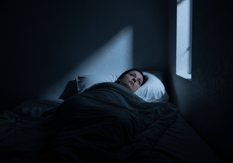 Person lying awake in a dark bedroom, eyes open, unable to sleep despite exhaustion