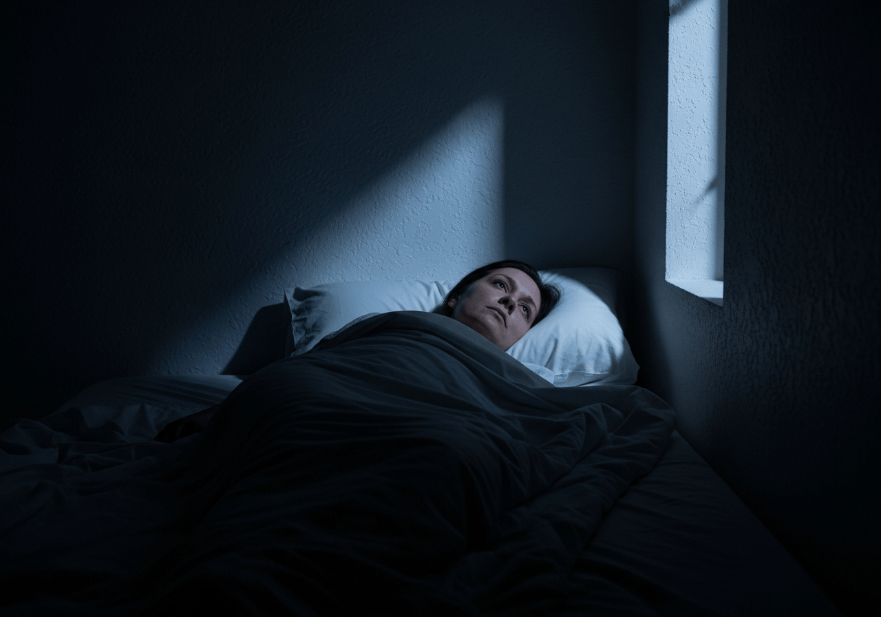 Person lying awake in a dark bedroom, eyes open, unable to sleep despite exhaustion