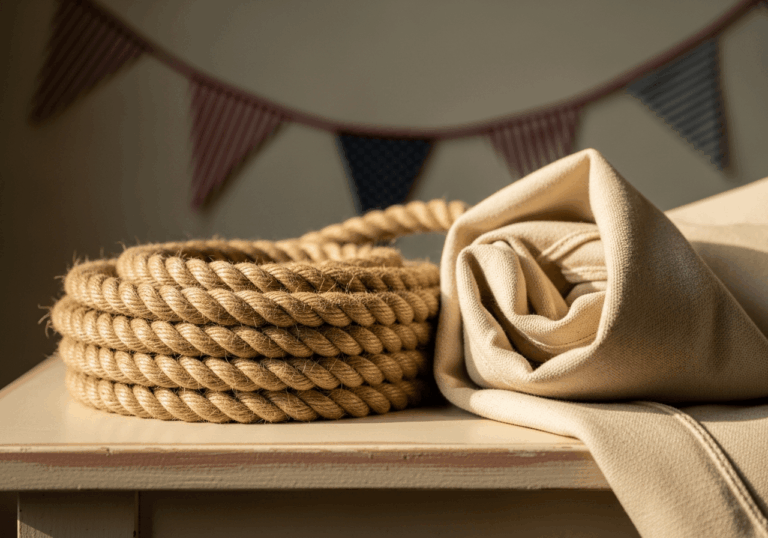 Coil of natural hemp rope and folded sailcloth on a weathered wooden table with red, white, and blue bunting blurred in the background.