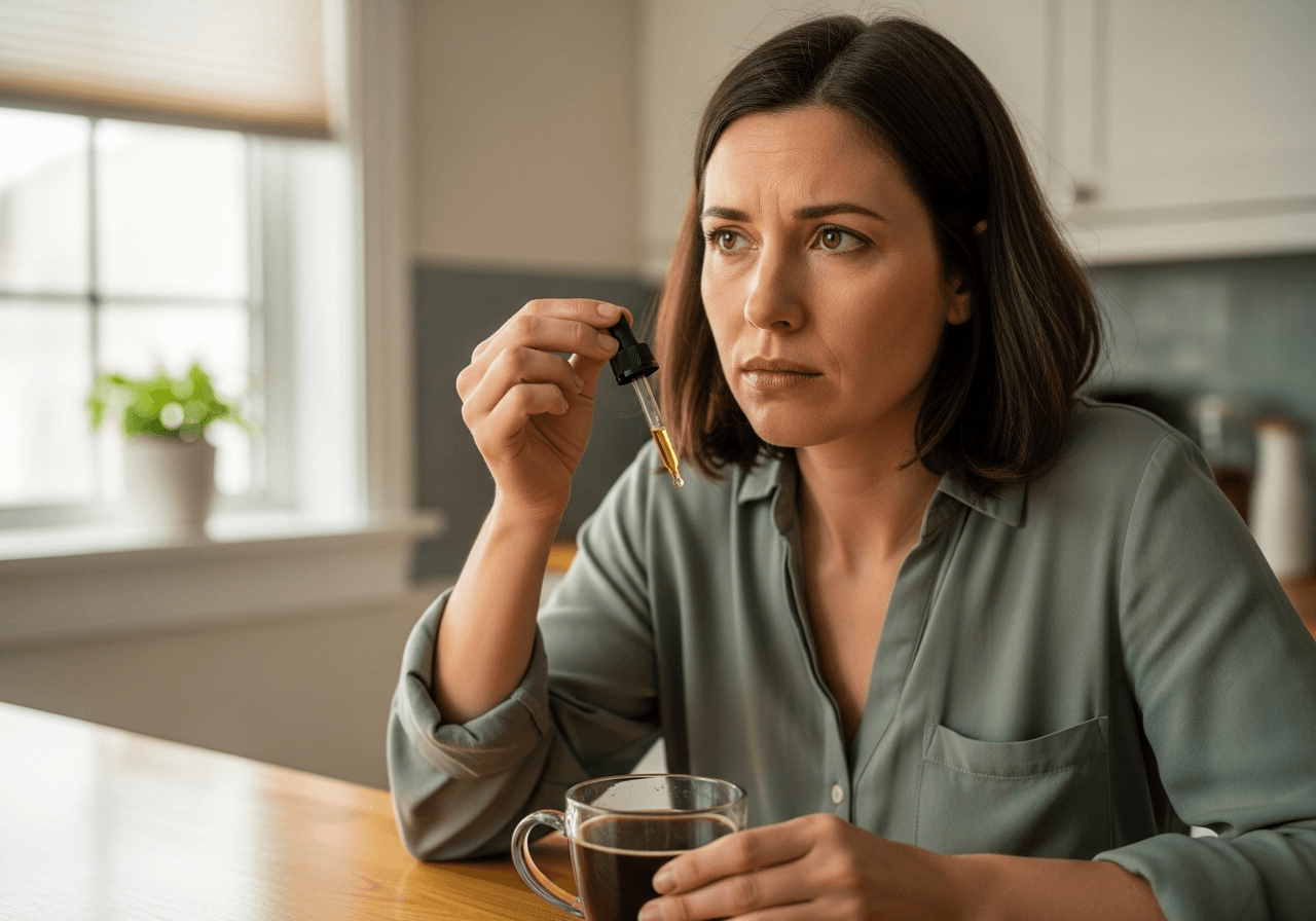 A woman at a bare kitchen counter in morning light, hesitating with a CBD tincture dropper and only coffee in front of her