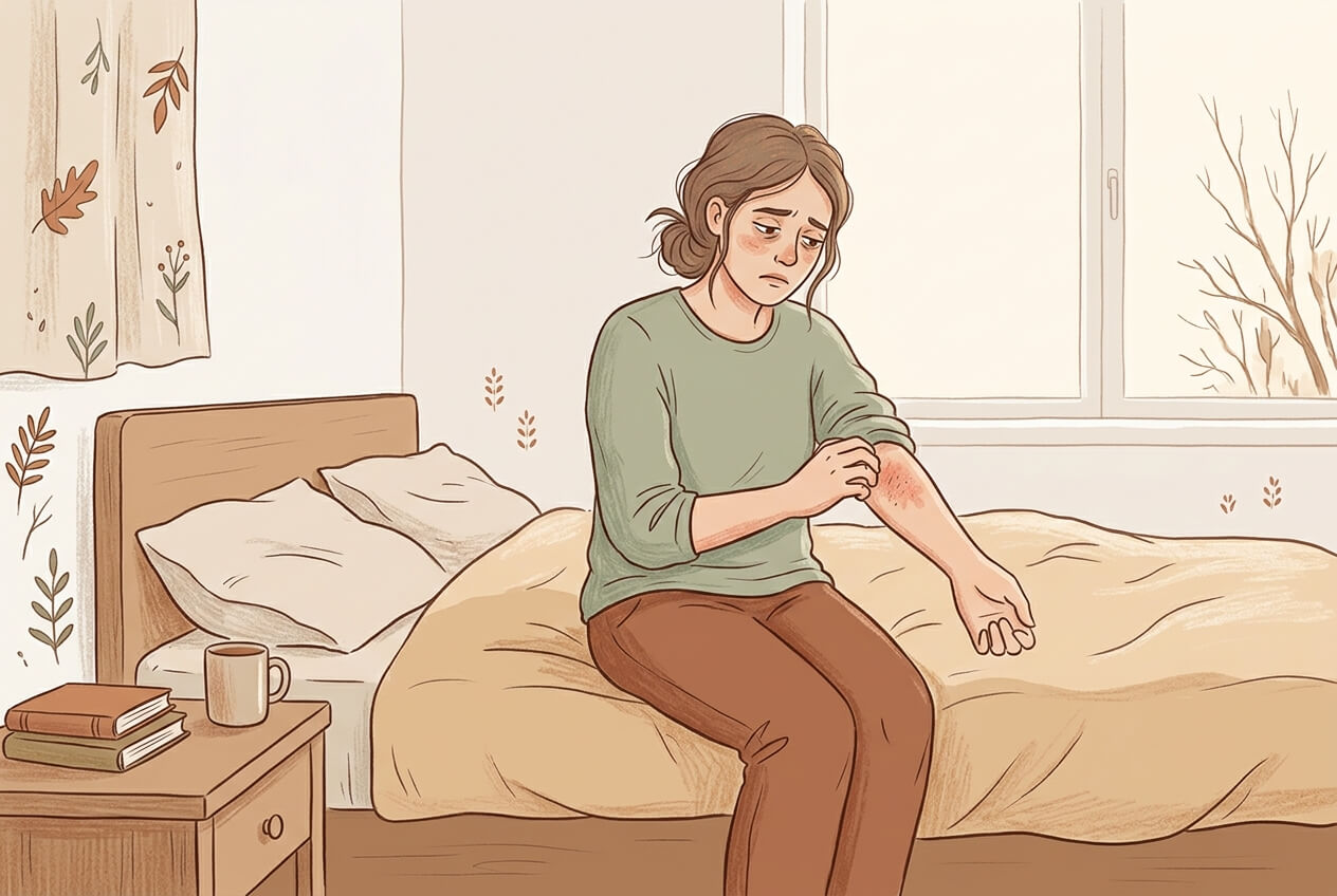 Flat illustration of a person sitting on a bed scratching an irritated patch of skin on their forearm