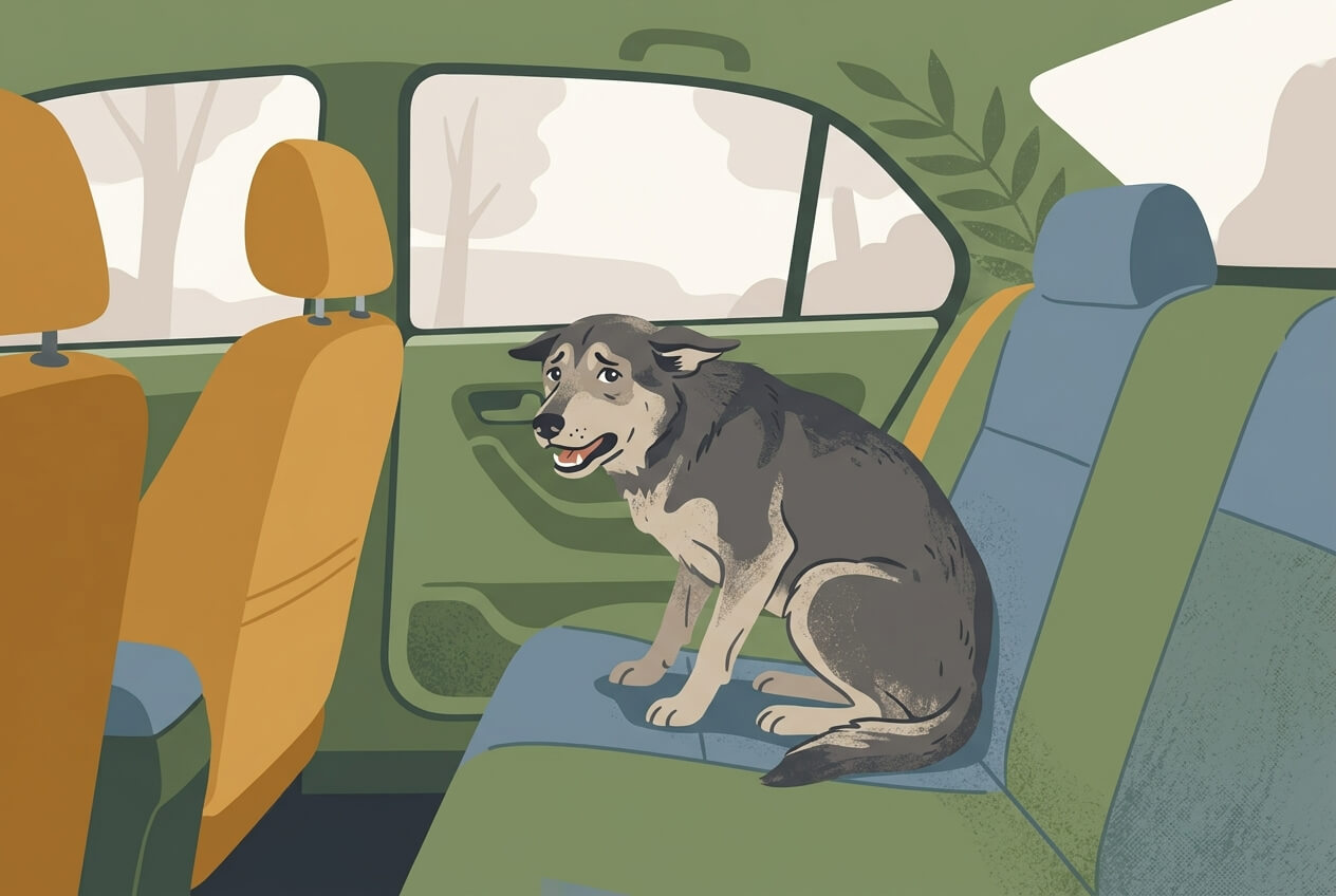 Flat illustration of an anxious dog sitting in the back seat of a car