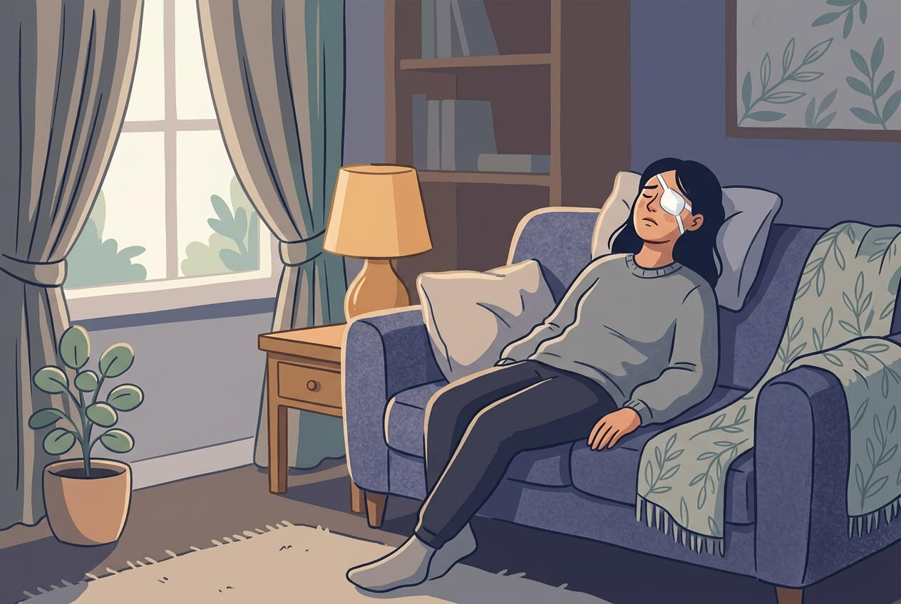 Flat illustration of a person resting on a couch with one eye covered by a pad after surgery