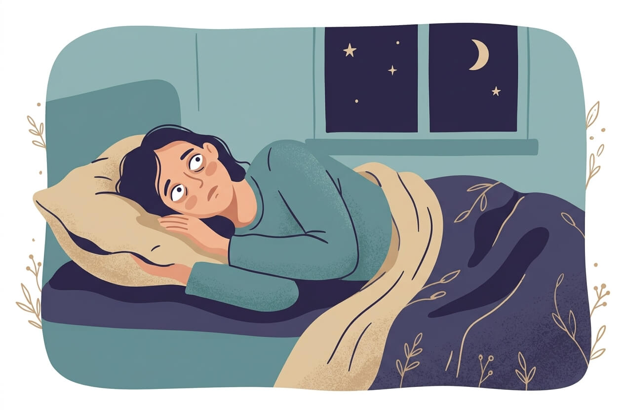 Flat illustration of a woman lying awake in bed at night, eyes open, unable to sleep
