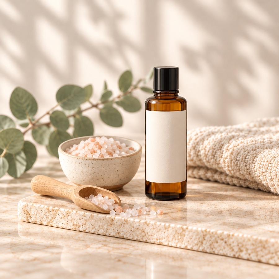 Amber bath-oil bottle with mineral salts, wooden scoop, and folded towel