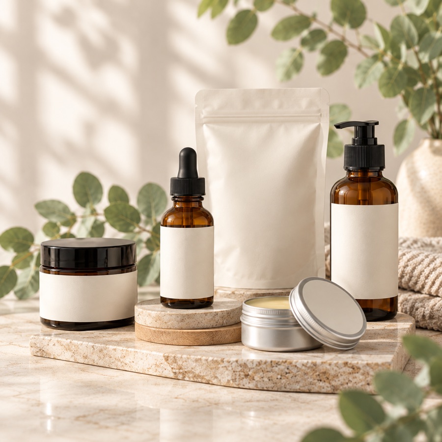 Assortment of blank-label wellness packages in several product formats