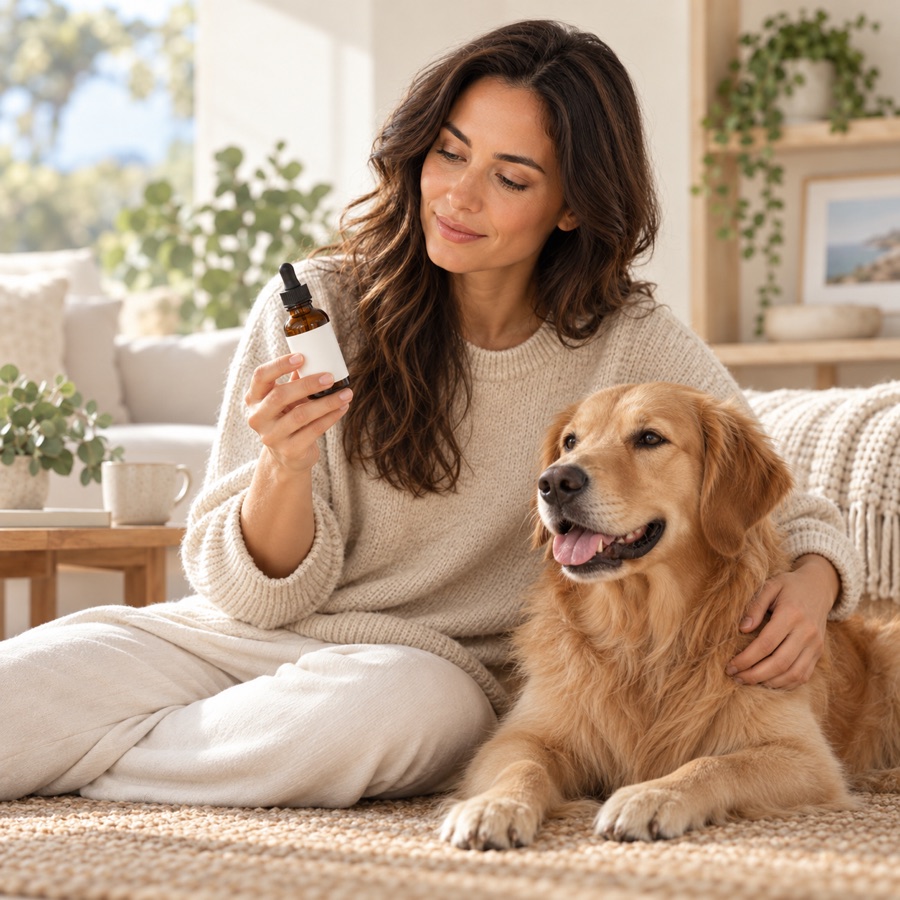 Woman reading a product label while sitting with a relaxed golden retriever