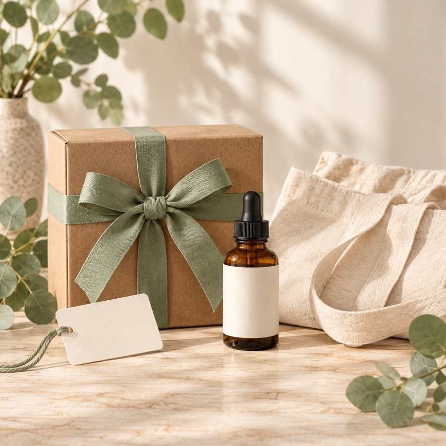Gift box with sage ribbon, blank-label amber bottle, tote bag, and gift tag