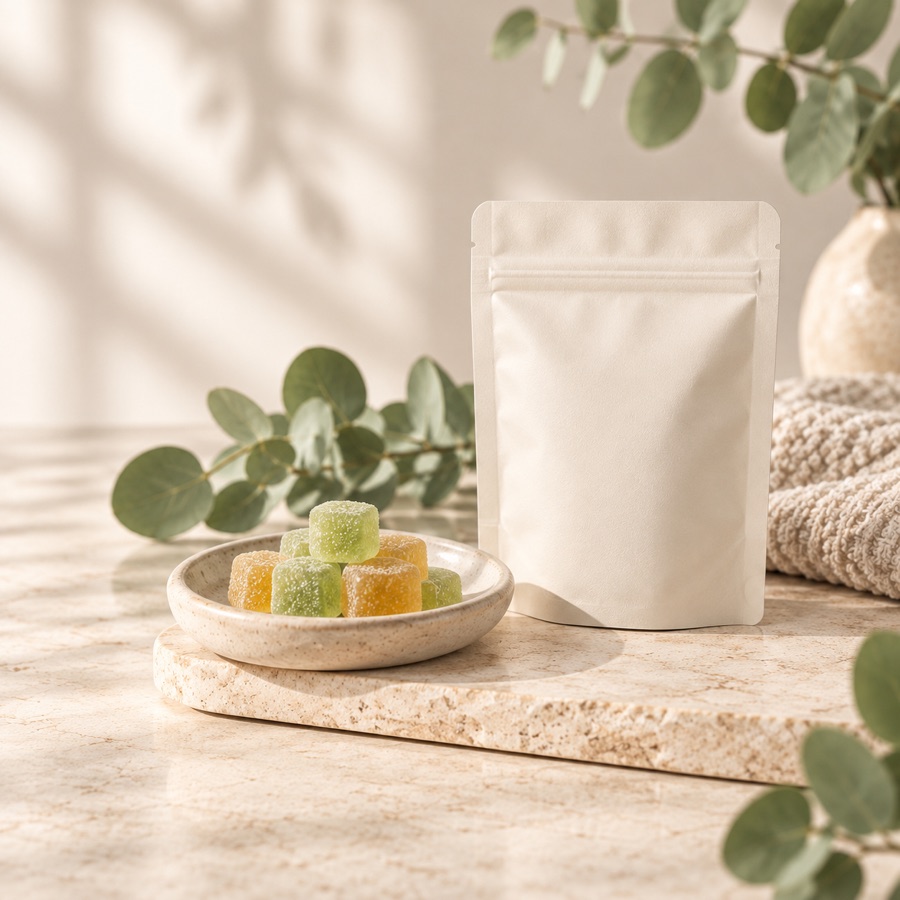 Pale green and amber gummies beside a blank ivory pouch