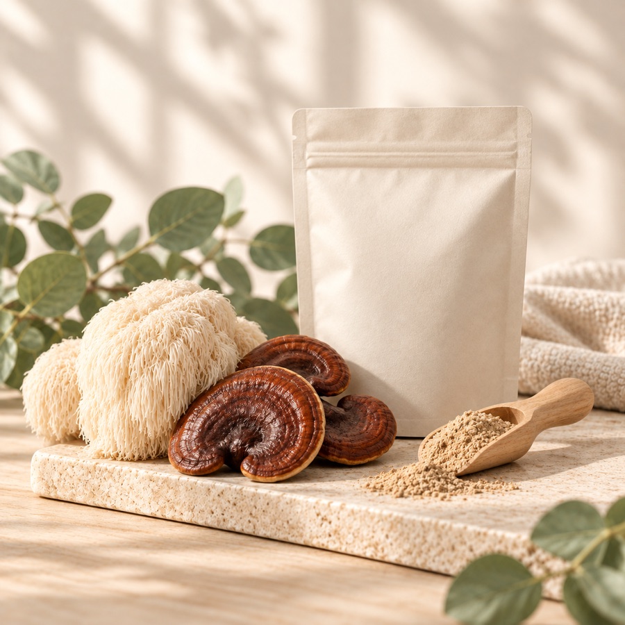 Lion's mane and reishi mushrooms beside a blank pouch and scoop of powder