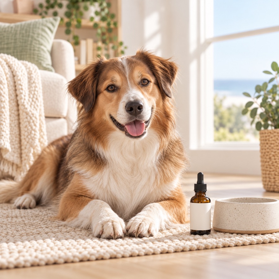 Relaxed dog beside a blank-label amber bottle and ceramic pet bowl