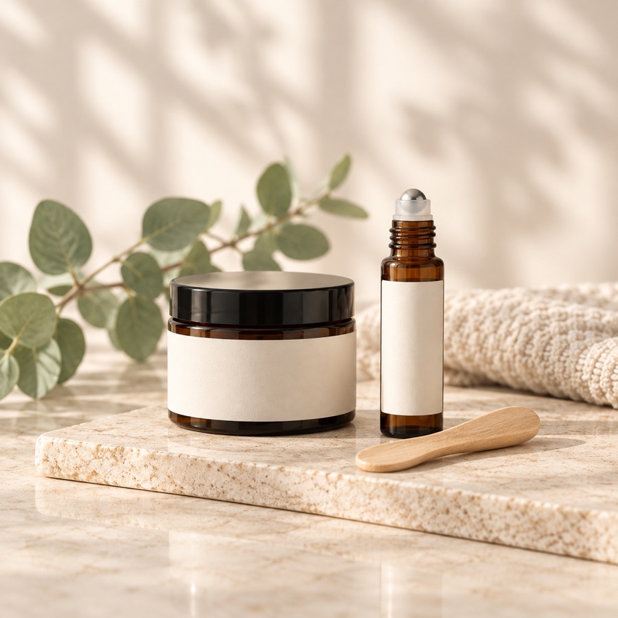 Unbranded amber cream jar and roll-on bottle on pale stone