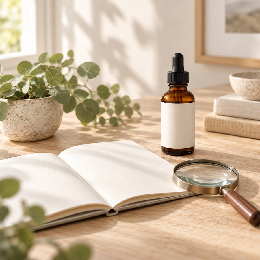 Blank-label amber dropper bottle with notebook and magnifying glass