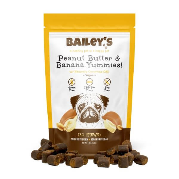 picture of Bailey's Pet peanut butter flavored full spectrum CBD pet chews in a bag