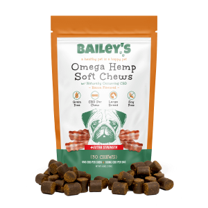 picture of Bailey's Pet bacon flavored extra strength full spectrum CBD pet chews in a bag
