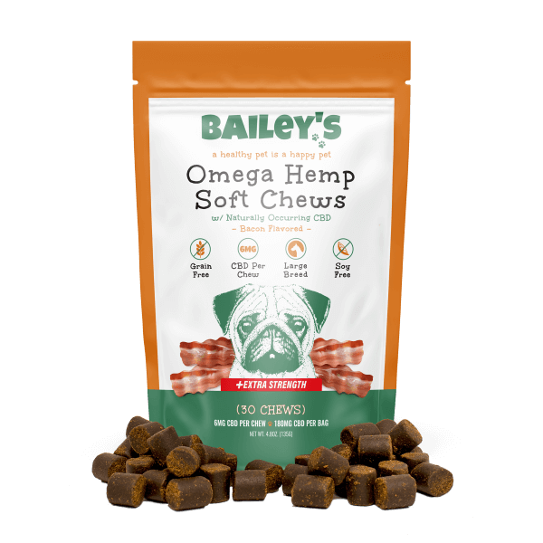 picture of Bailey's Pet bacon flavored extra strength full spectrum CBD pet chews in a bag